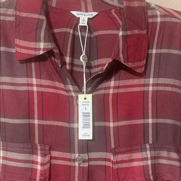 12. Max Studio size L Dark Red Plaid Button-Down Shirt Pockets NWT - Picture 3 of 3